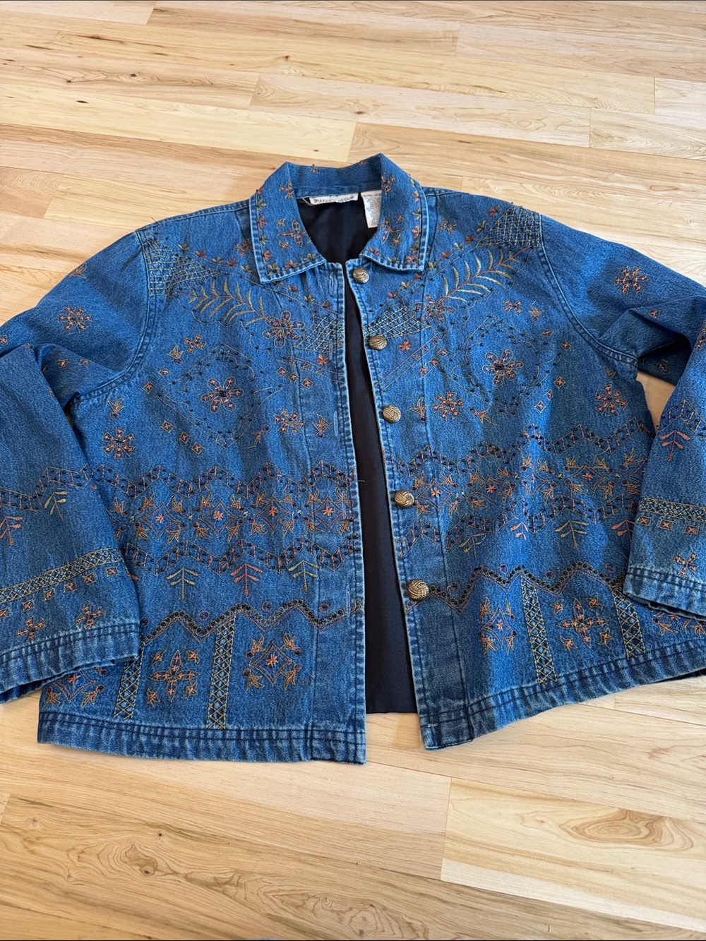 Vintage-90s-embroidered & beaded-lined denim Jean jacket-Boho-XL